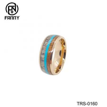 Tungsten Carbide Ring with Antlers, Woodgrain Paper and Turquoise