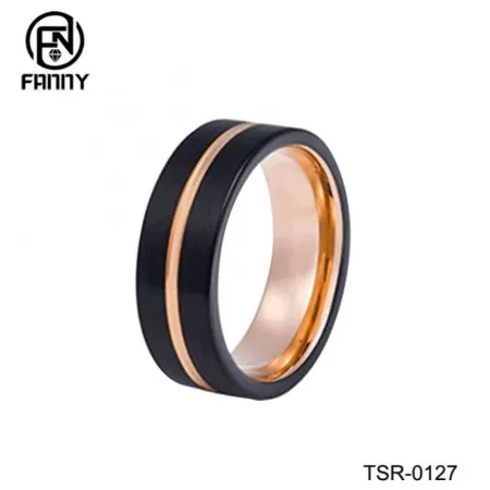 Плоское матовое двухцветное обручальное кольцо из карбида вольфрама из черного и розового золота
