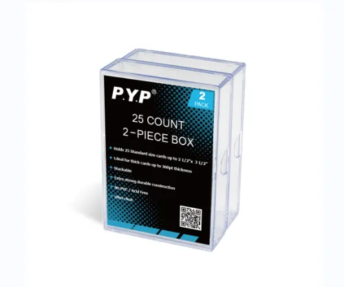 The PYP Hinged Box is made of crystal clear, high impact polystyrene and features a snap design.